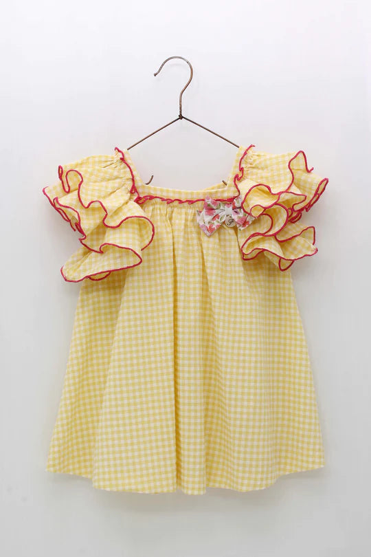 Vestido Amarillo Cuadros Manga Olanes Foque