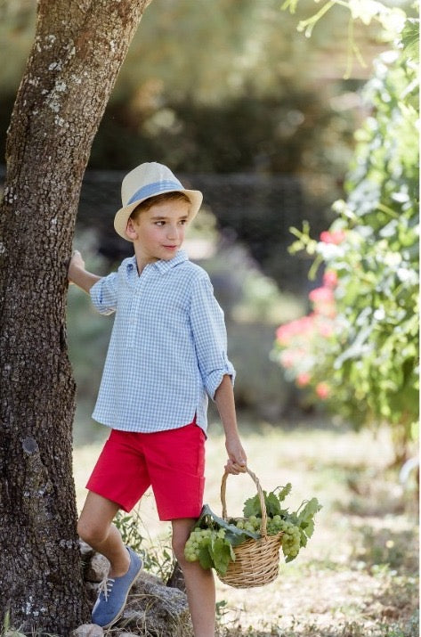 Conjunto Camisa Azul Cuadros Y Short Rojo Yoedu