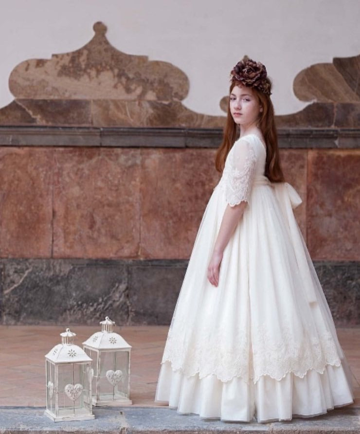 Vestido Comunión Crudo Manga Encaje Debesos