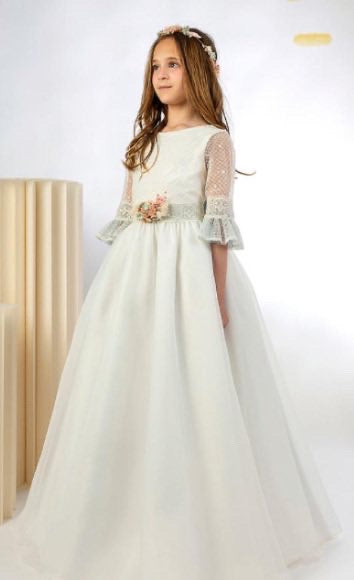 Vestido Comunión Verde Aqua Flores Lilus