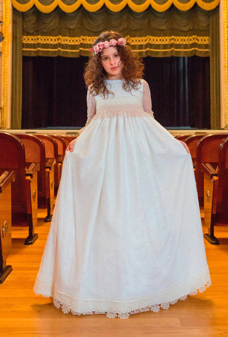 Vestido Comunión mangas Cinta Rosa Lilus
