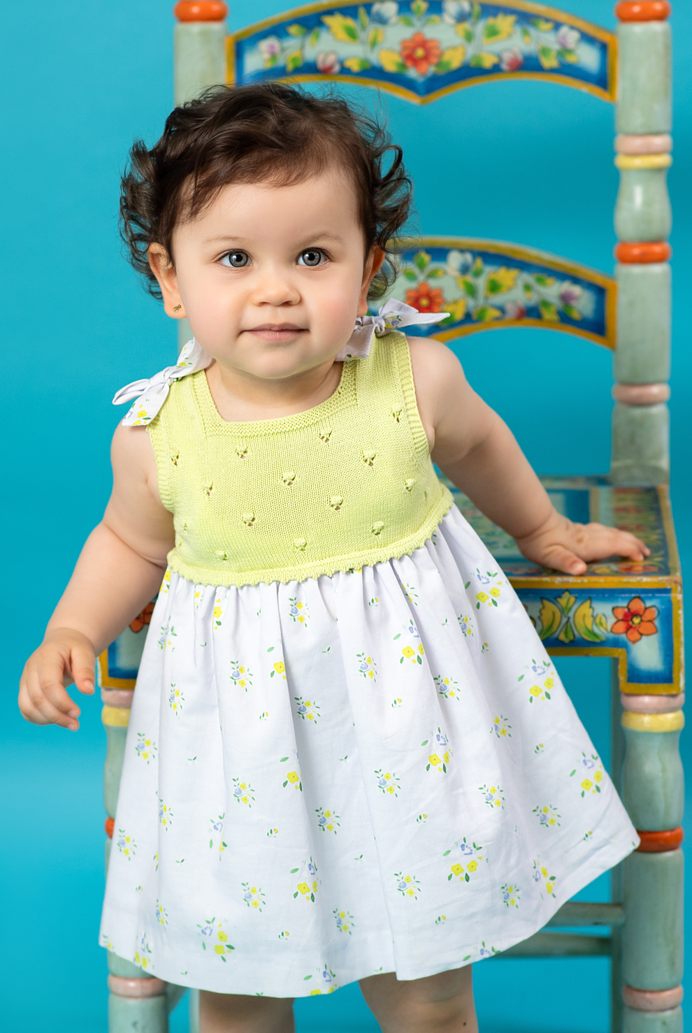 Vestido Punto Verde Limón Flores Foque