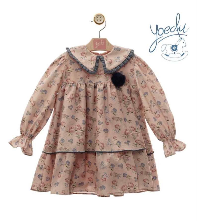 Vestido rosa flores y pompón Yoedu