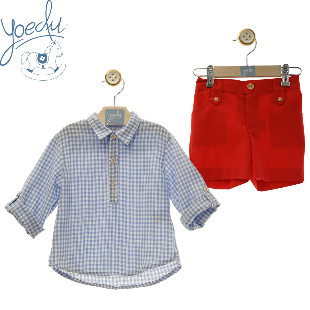 Conjunto Camisa Azul Cuadros Y Short Rojo Yoedu