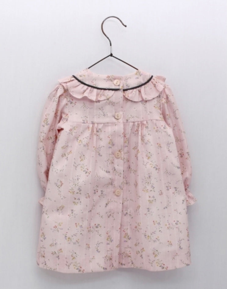 Vestido rosa con flores y moño gris Foque