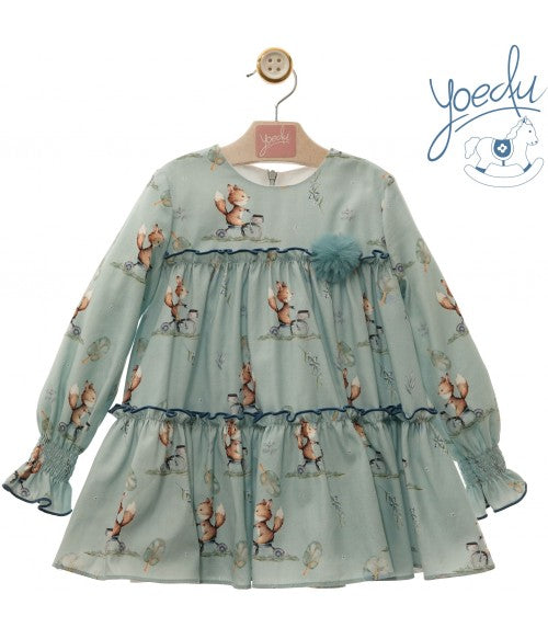 Vestido verde estampado zorritos y pompón Yoedu