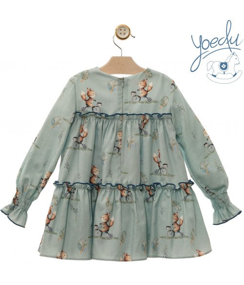 Vestido verde estampado zorritos y pompón Yoedu