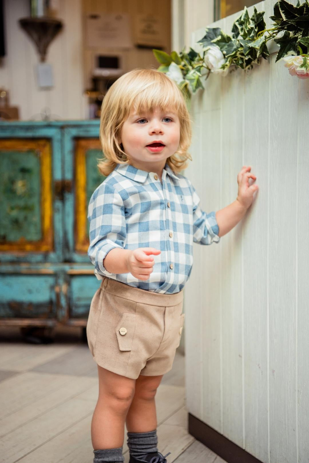 Conjunto Azul Cuadros Short Pana Beige Yoedu
