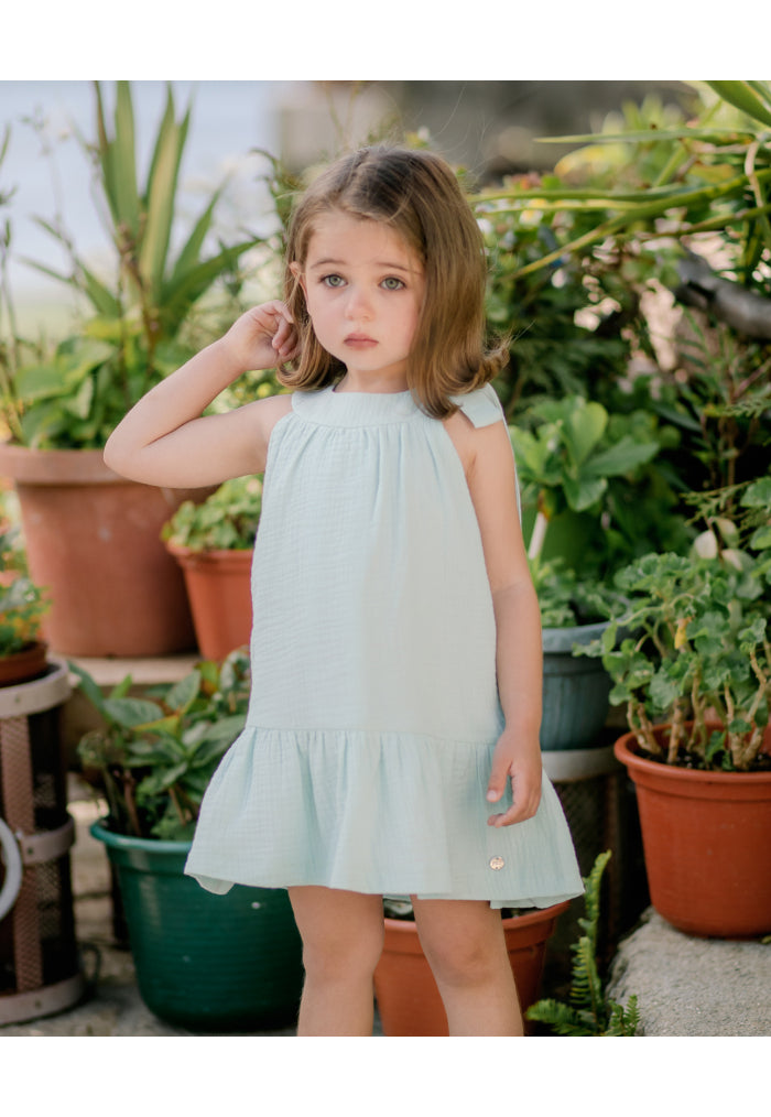 Vestido Lino Verde Agua Y Moño Paz Rodríguez