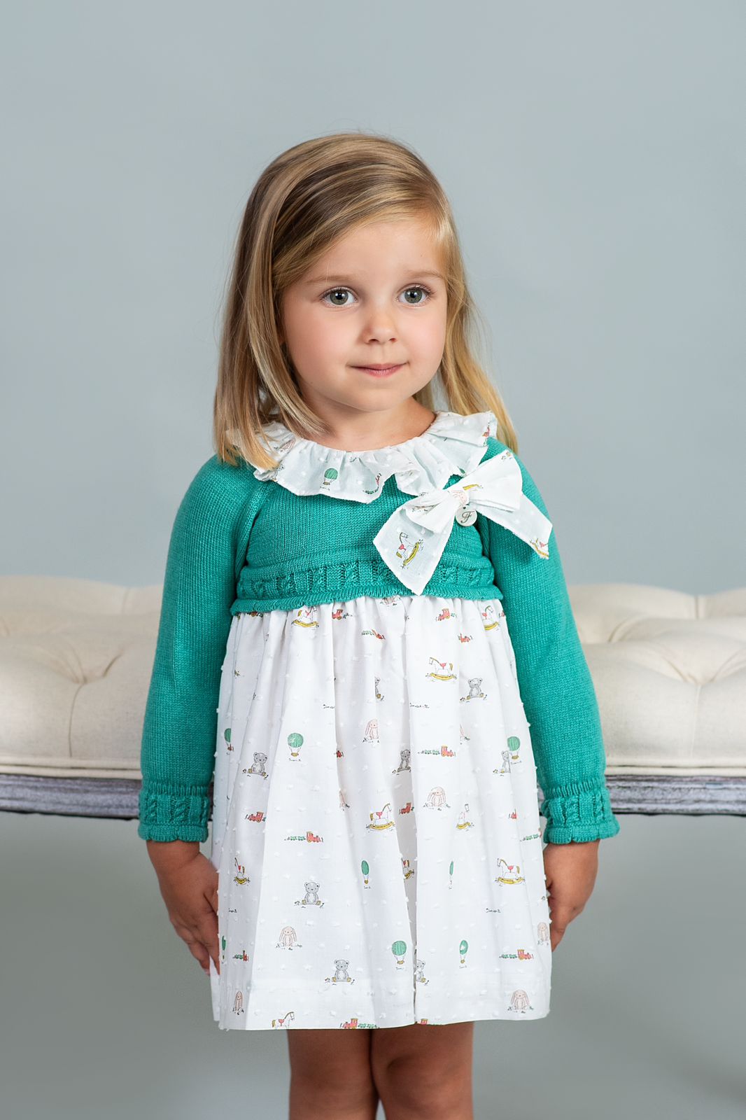 Vestido Tejido Verde Blanco Flores Foque