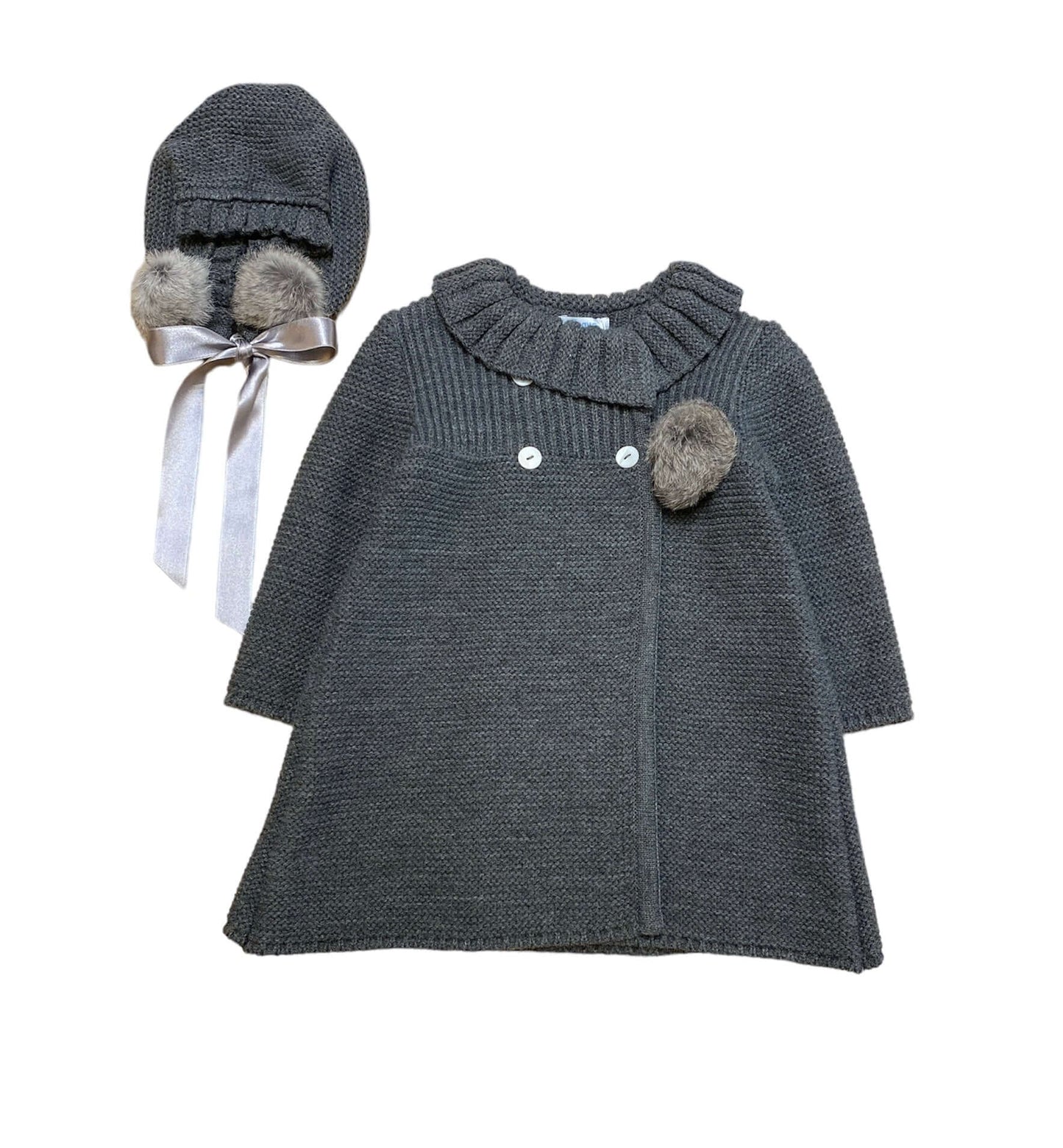 Abrigo de punto con pompón y gorrito Foque gris oscuro