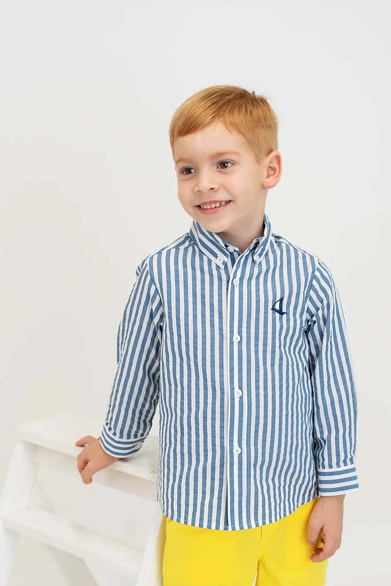 Conjunto Camisa Azul rayas y Bermuda Amarilla
