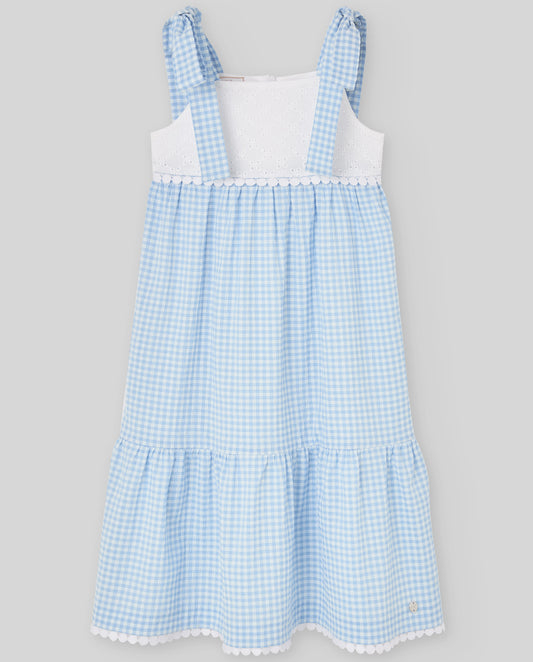 VESTIDO LARGO CUADROS AZUL PECHO BLANCO