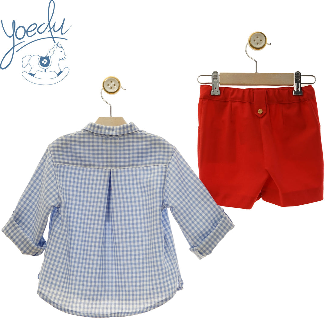 Conjunto Camisa Azul Cuadros Y Short Rojo Yoedu