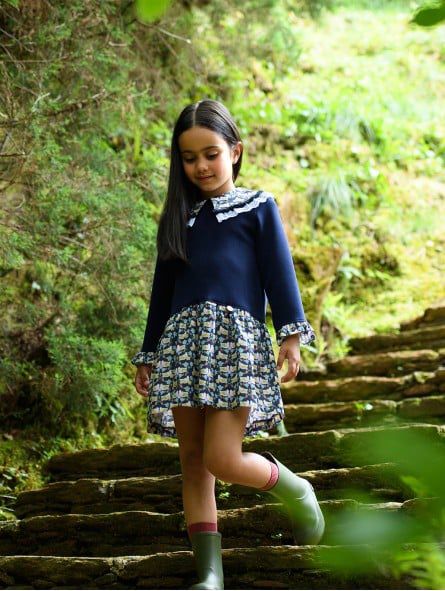 Vestido Marino Palomas Cuello Foque